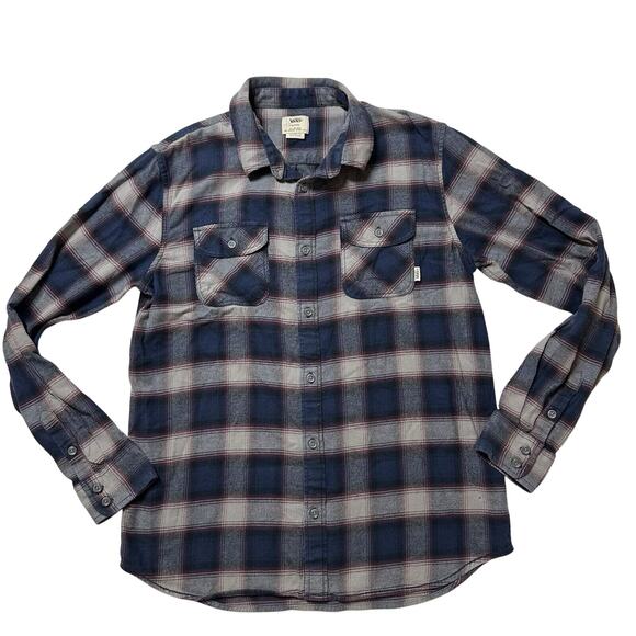 Vans Flannel Button Down Shirt Red Blue Plaid Stripe Square Mens Medium - Picture 1 of 8